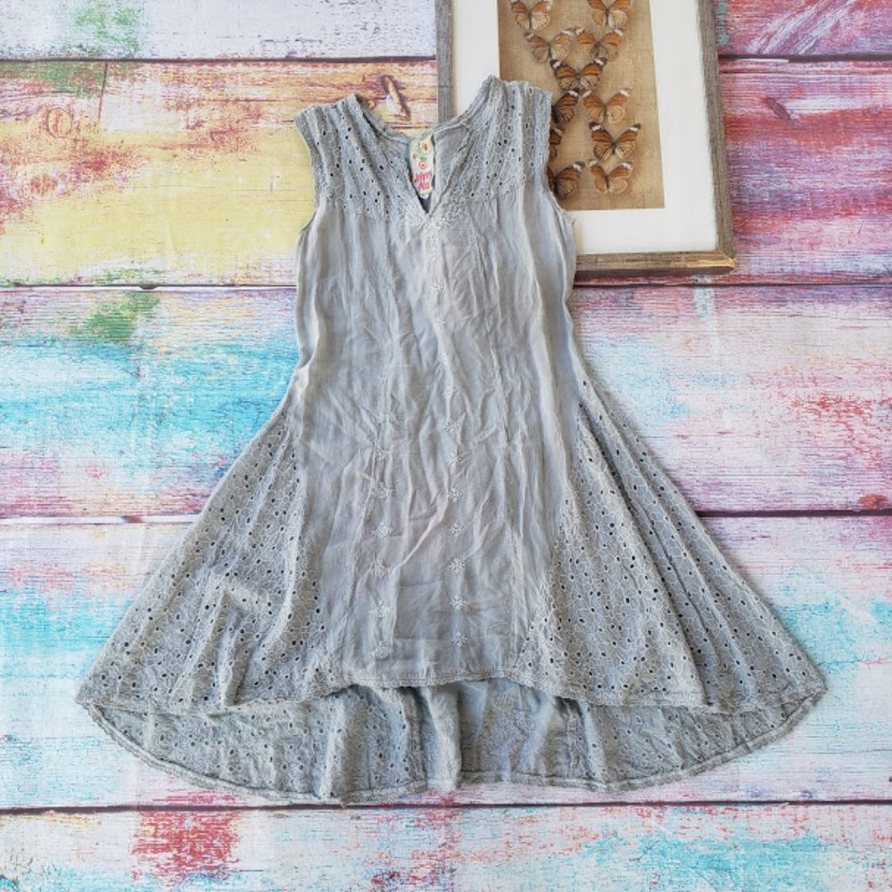 Johnny Was Floral Eyelet HighLow Gray Mini Dress S